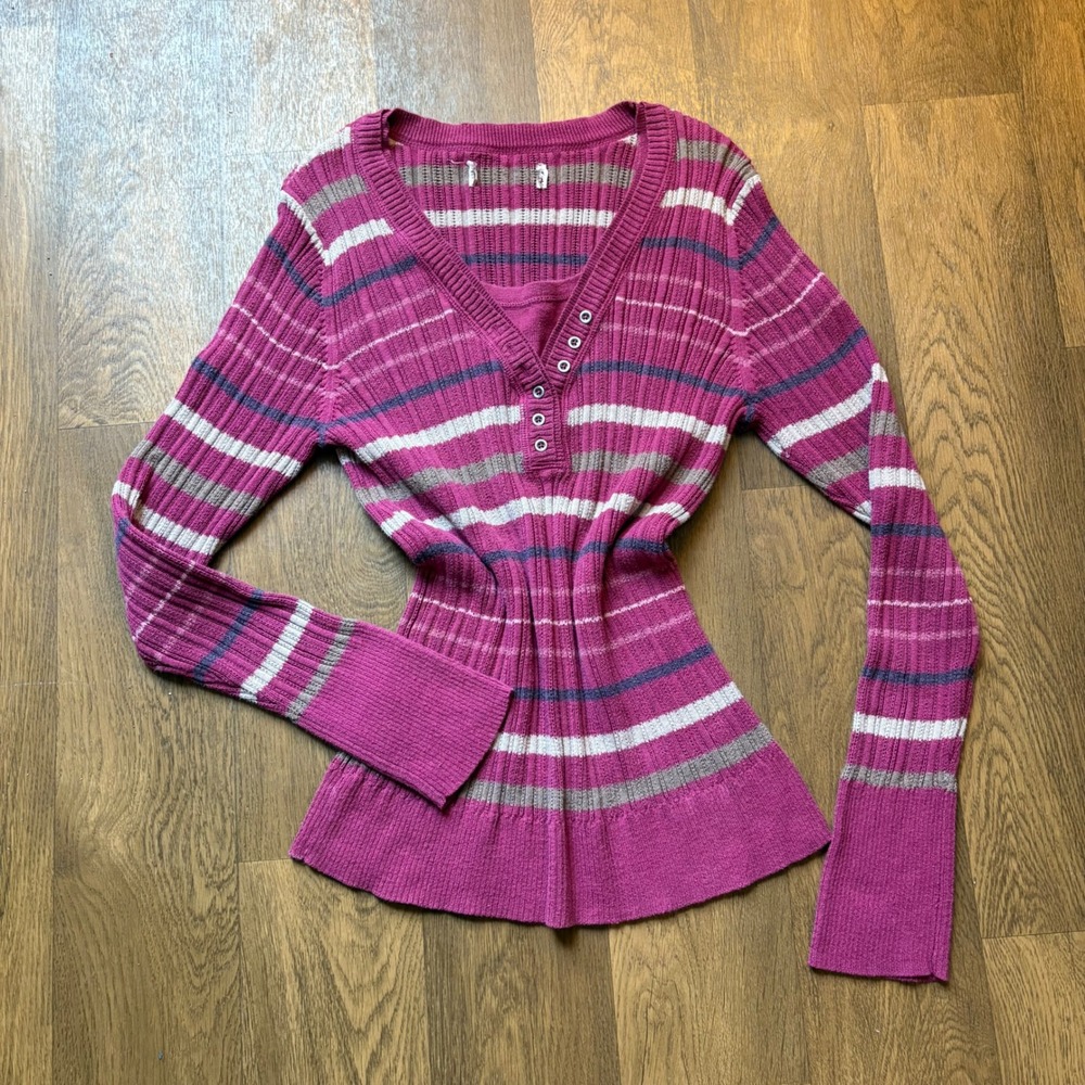 Vintage Y2K Mall Core Twee Style Ribbed Striped Henley Thermal Longsleeve Shirt